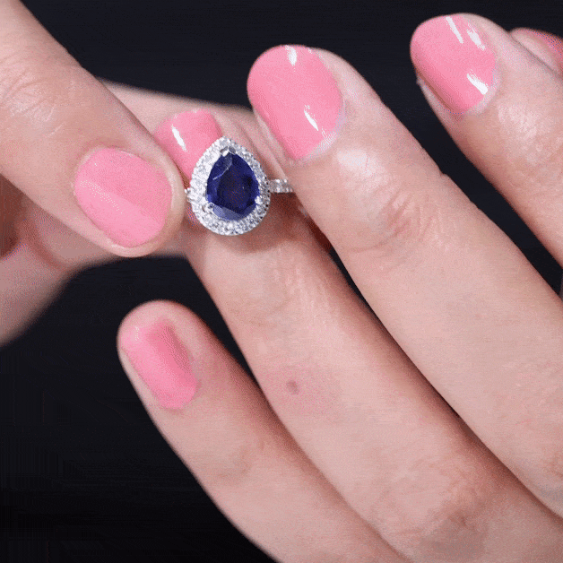 Rosec Jewels-2 CT Created Blue Sapphire Teardrop Ring with Diamond Halo