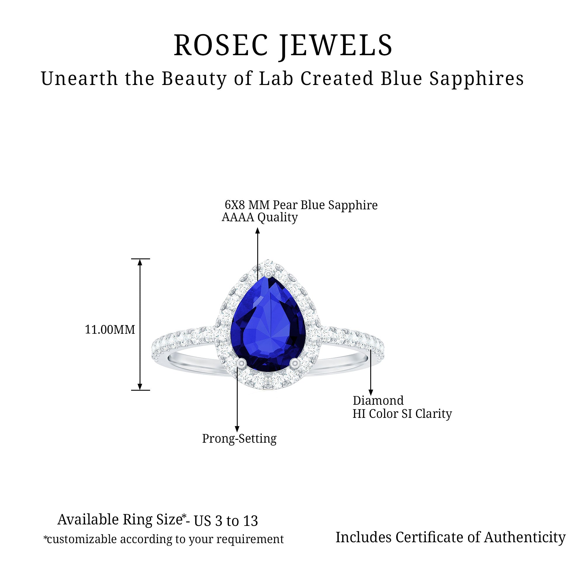 Rosec Jewels-2 CT Created Blue Sapphire Teardrop Ring with Diamond Halo