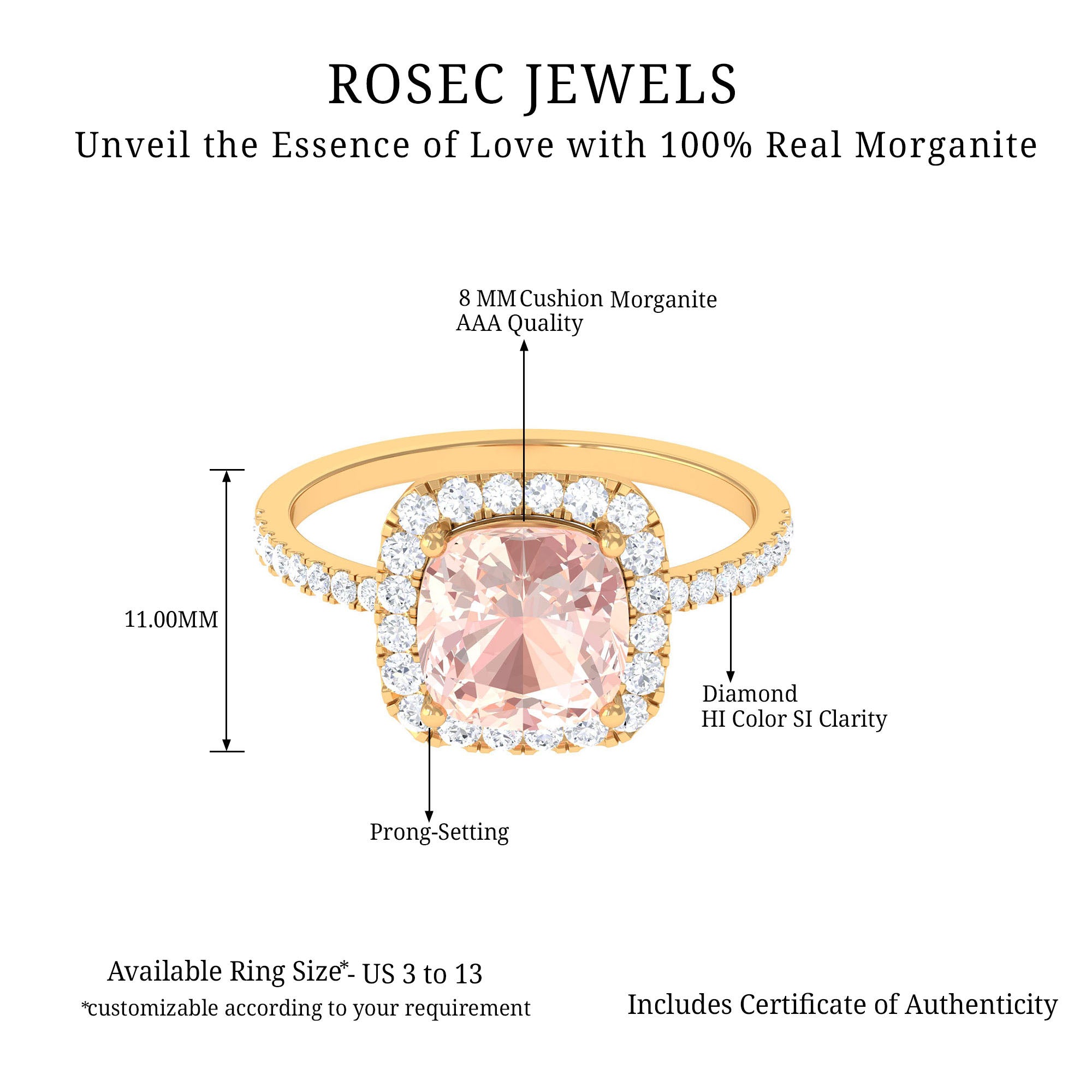 Rosec Jewels-Real Morganite Engagement Ring with Diamond Halo