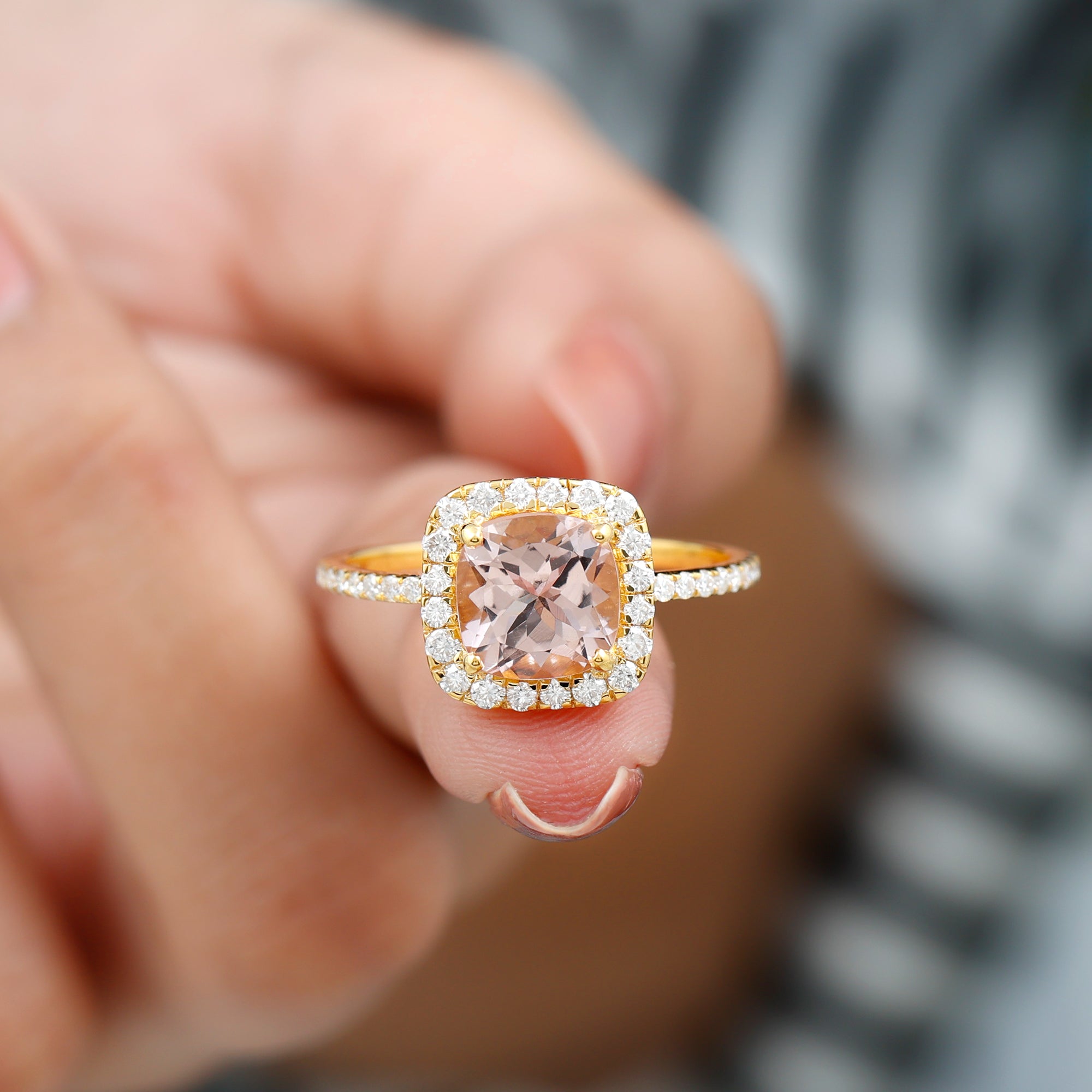 Rosec Jewels-Real Morganite Engagement Ring with Diamond Halo