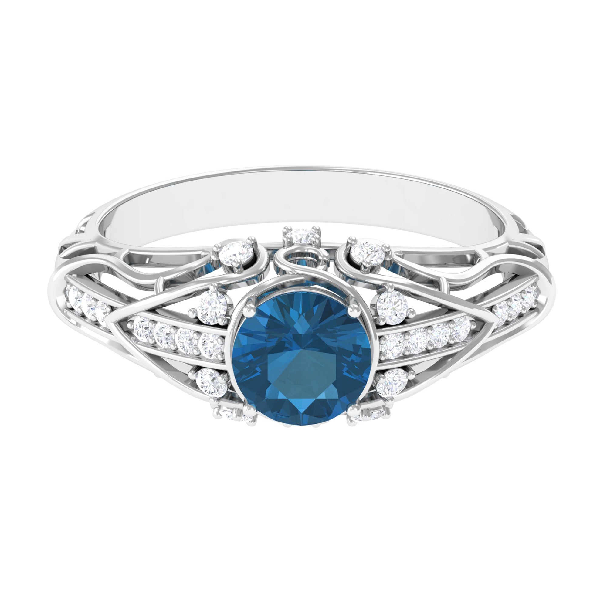 Rosec Jewels-Natural London Blue Topaz Vintage Inspired Ring with Diamond