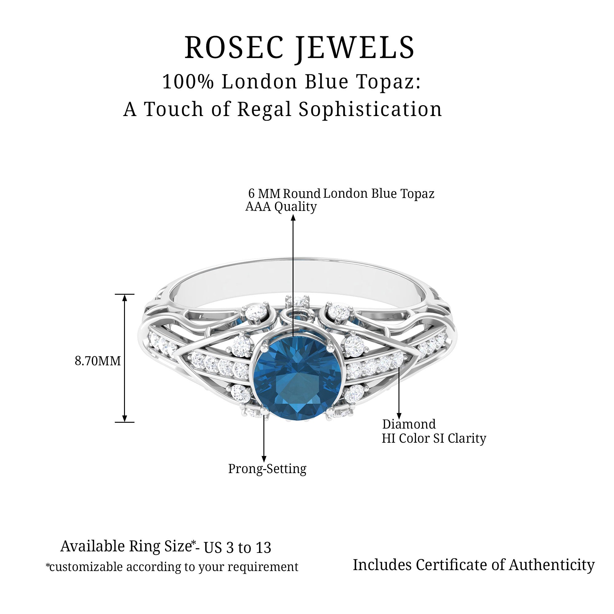 Rosec Jewels-Natural London Blue Topaz Vintage Inspired Ring with Diamond