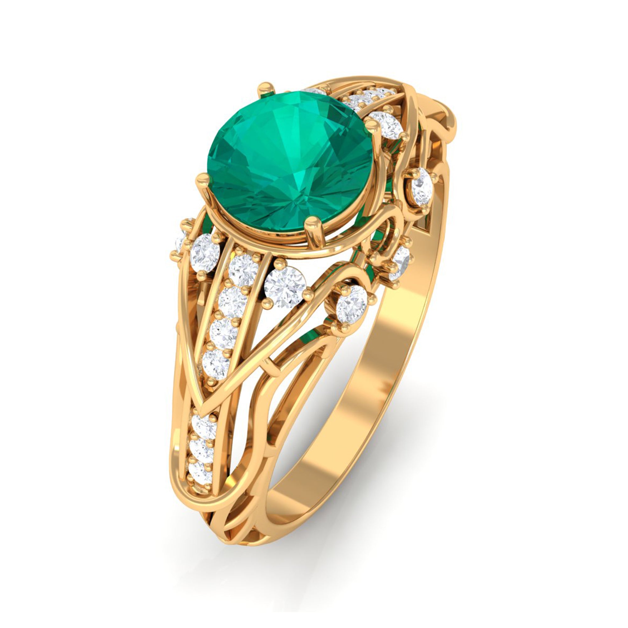 Rosec Jewels-Vintage Emerald Engagement Ring with Diamond