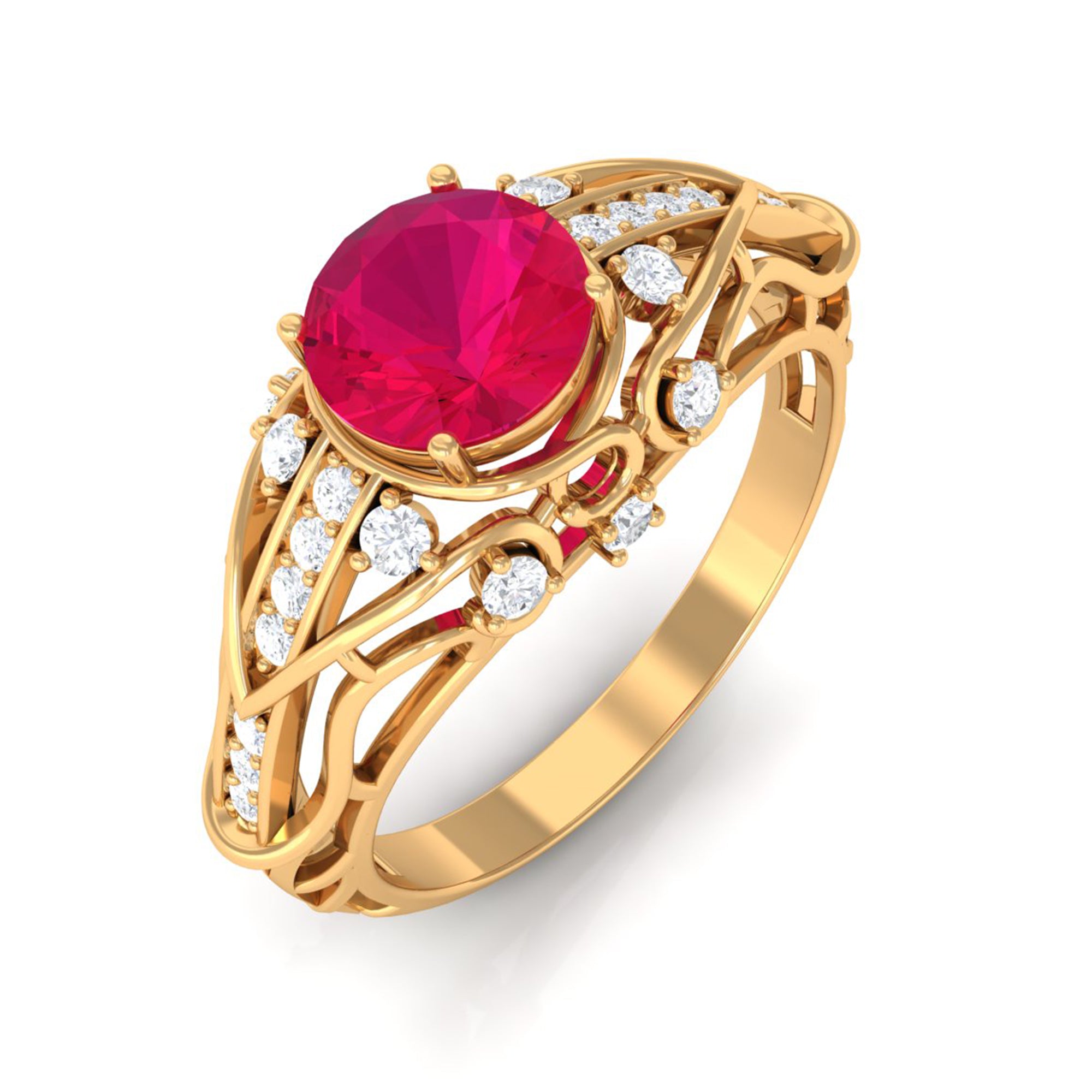 Rosec Jewels-Vintage Inspired Ruby Engagement Ring with Diamond