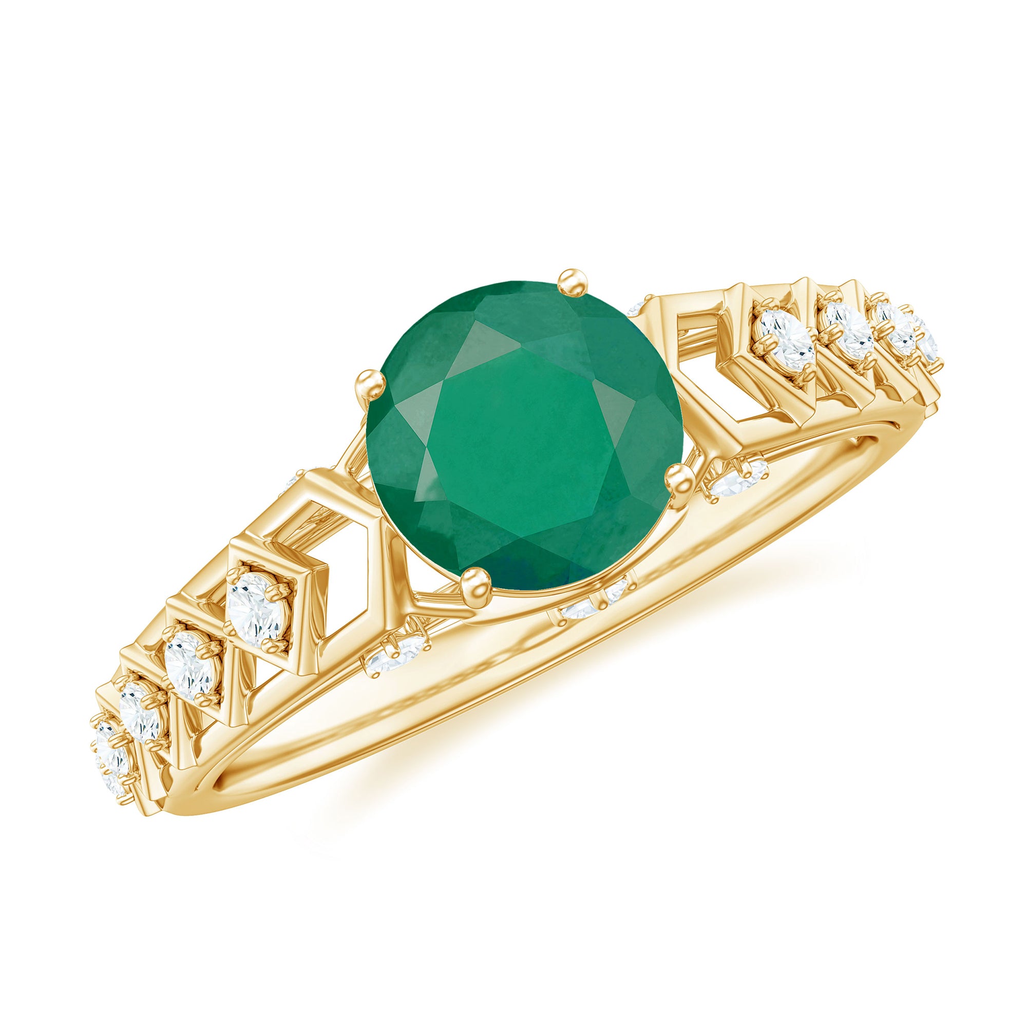 Rosec Jewels-Art Deco Emerald Solitaire Engagement Ring with Diamond