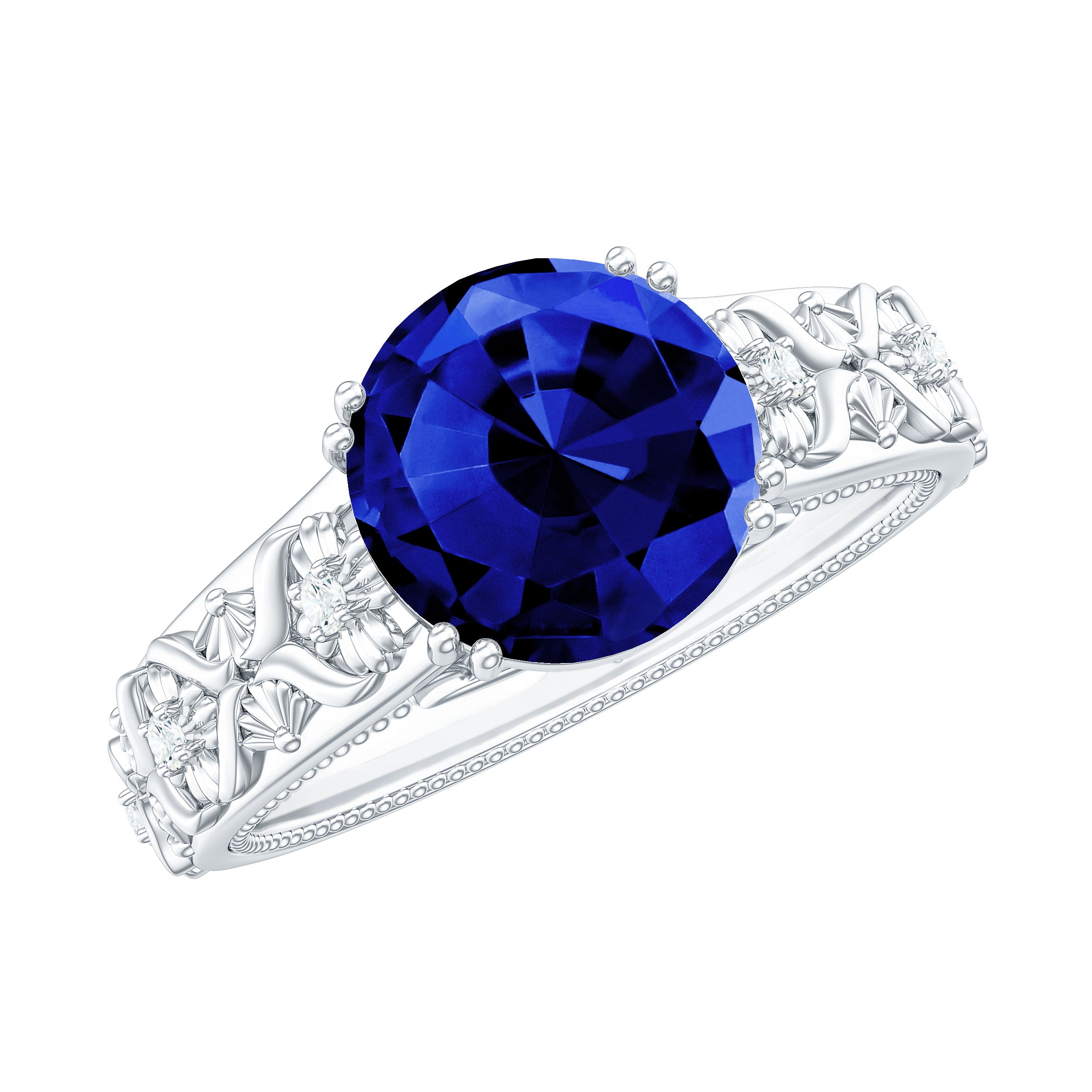 Rosec Jewels-Solitaire Lab Grown Blue Sapphire Flower Engagement Ring with Diamond