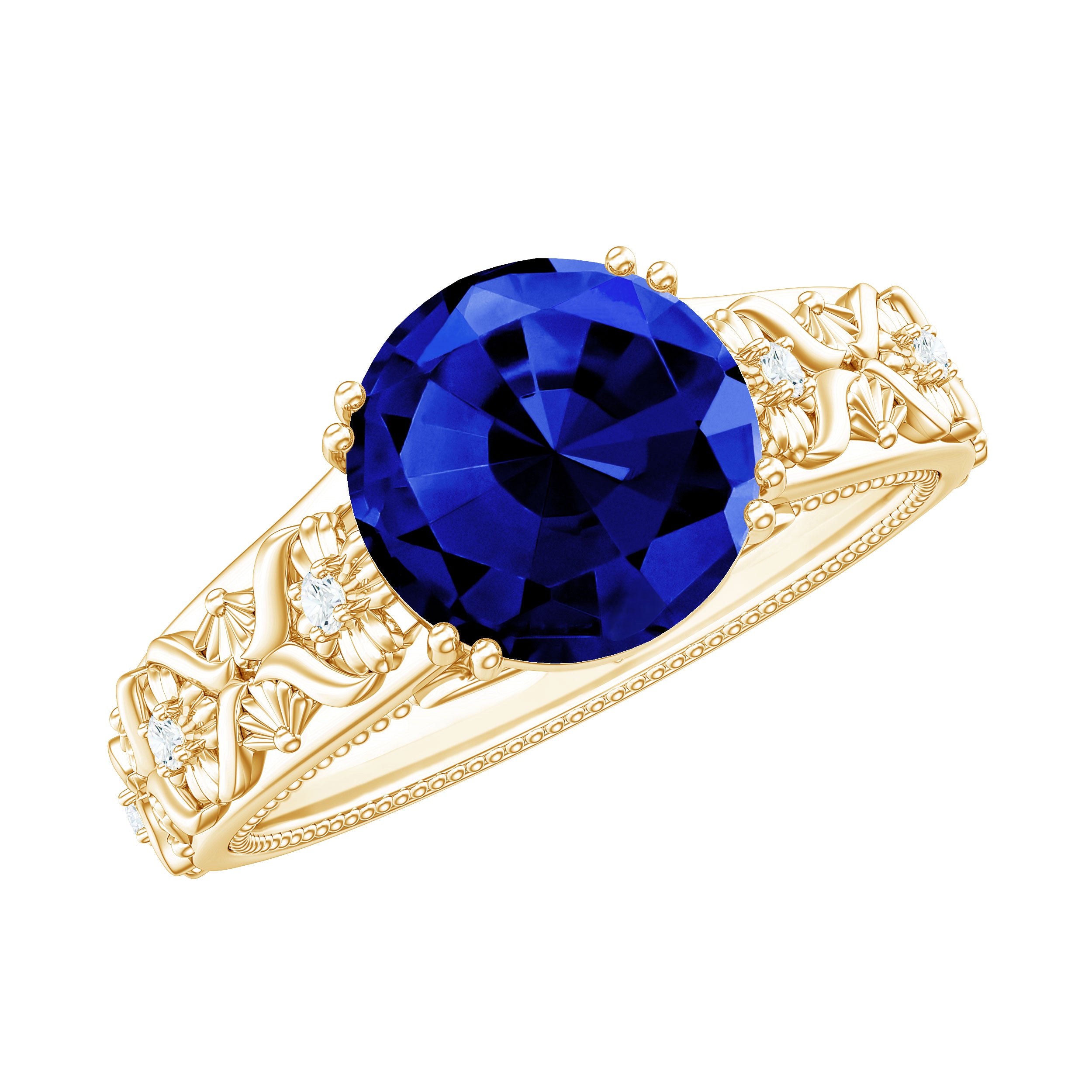 Rosec Jewels-Solitaire Lab Grown Blue Sapphire Flower Engagement Ring with Diamond