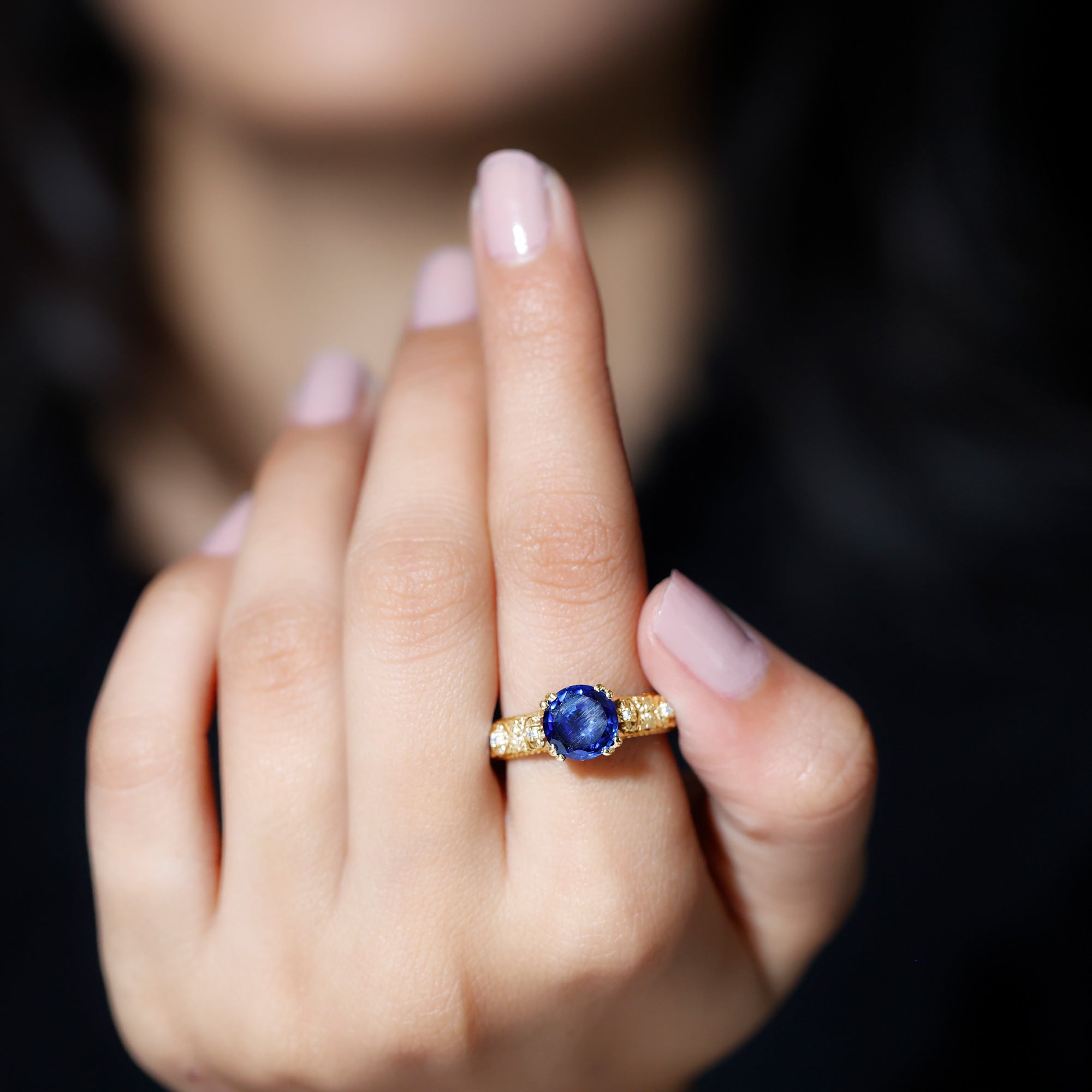 Rosec Jewels-Solitaire Lab Grown Blue Sapphire Flower Engagement Ring with Diamond