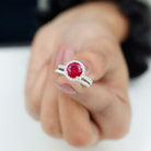 Rosec Jewels-Created Ruby Halo Wedding Ring Set in Gold with Moissanite