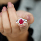 Rosec Jewels-Created Ruby Halo Wedding Ring Set in Gold with Moissanite