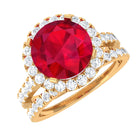 Rosec Jewels-Created Ruby Halo Wedding Ring Set in Gold with Moissanite