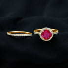 Rosec Jewels-Created Ruby Halo Wedding Ring Set in Gold with Moissanite