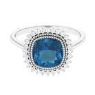 Rosec Jewels-Cushion Cut London Blue Topaz Statement Engagement Ring with Diamond Halo