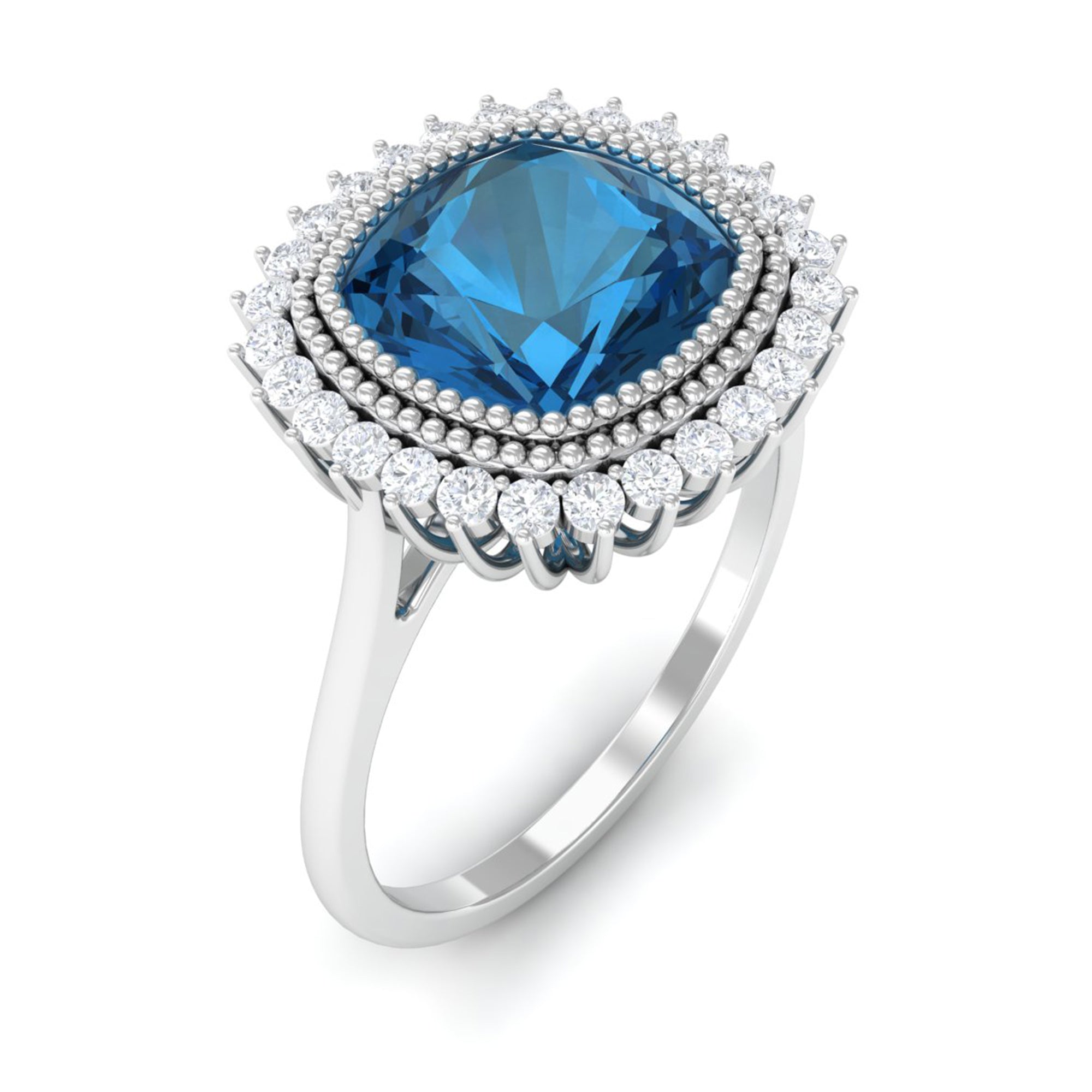 Rosec Jewels-Cushion Cut London Blue Topaz Statement Engagement Ring with Diamond Halo