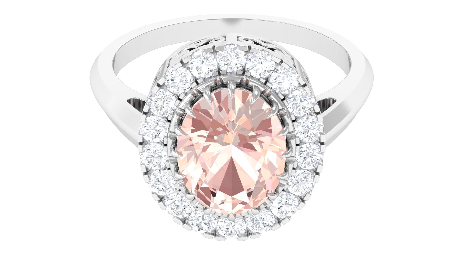 Rosec Jewels-Vintage Morganite Crown Engagement Ring with Halo Moissanite