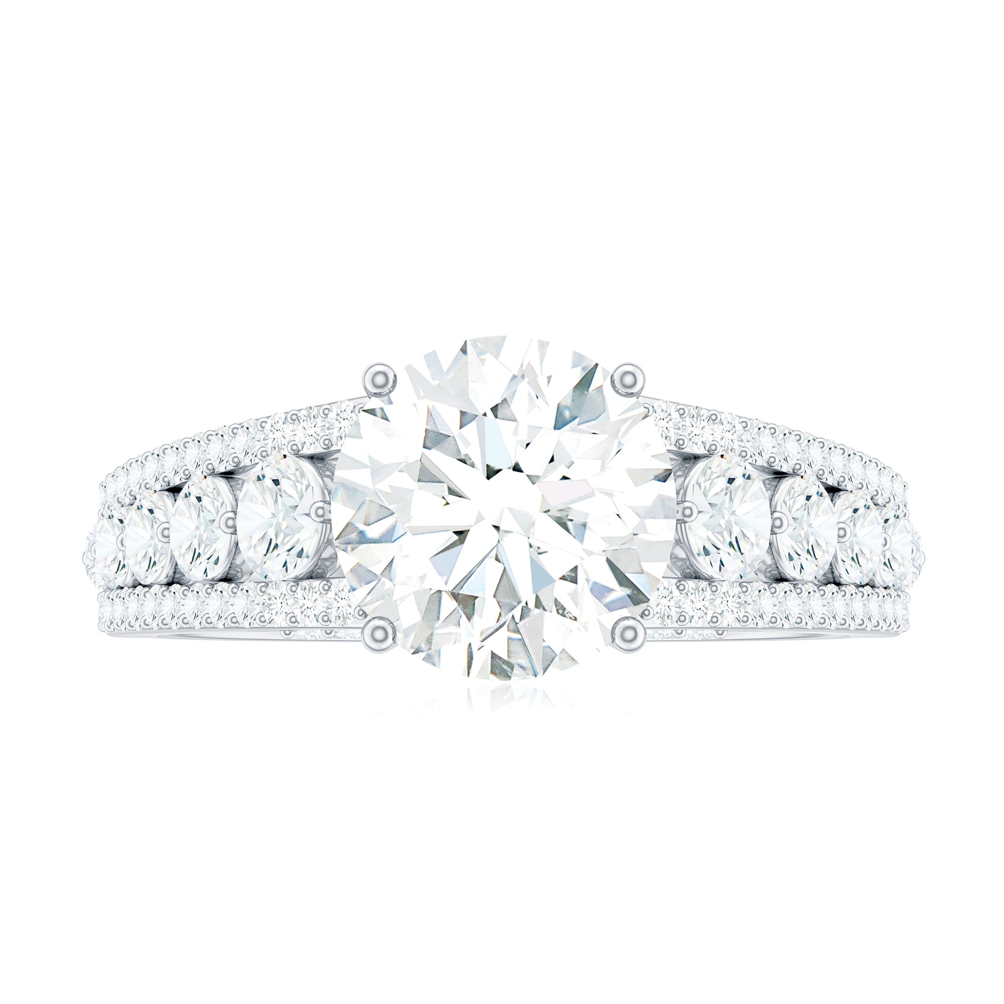 Rosec Jewels-Round Shape Moissanite Solitaire Engagement Ring with Side Stones