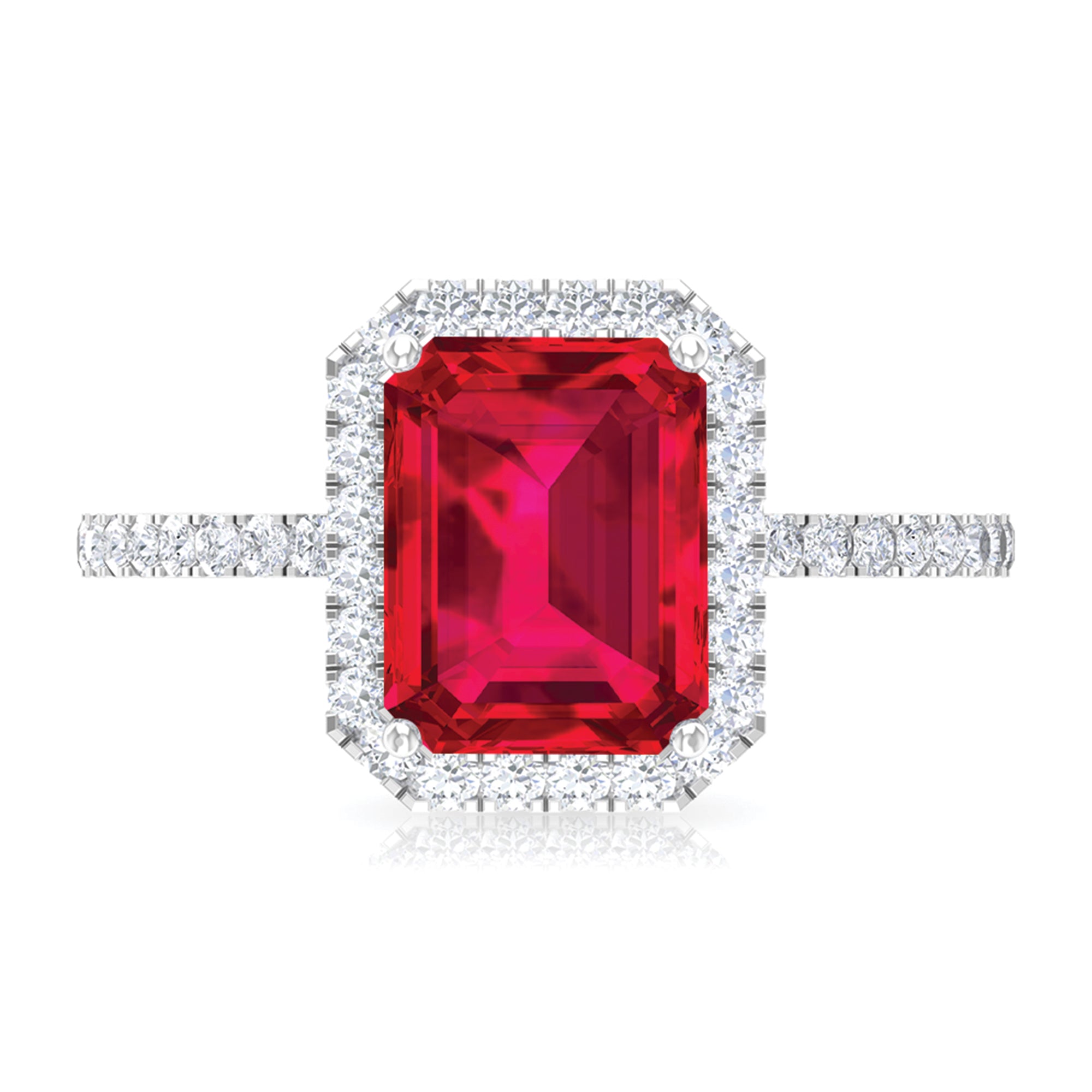 Rosec Jewels-Emerald Cut Lab Grown Ruby Engagement Ring with Diamond Halo