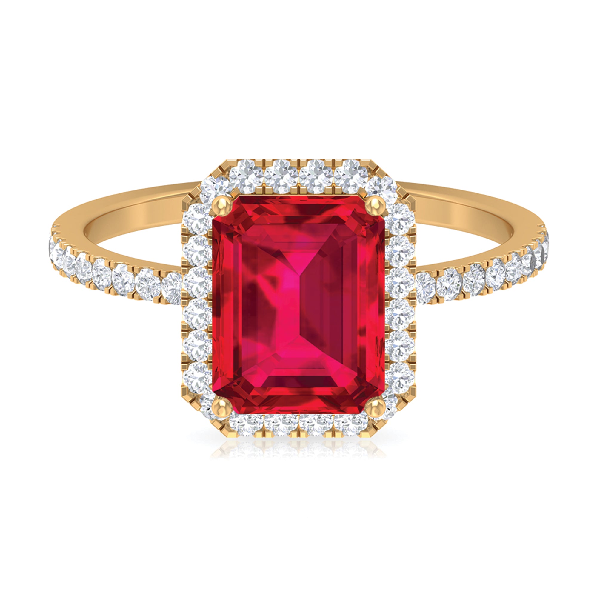 Rosec Jewels-Emerald Cut Lab Grown Ruby Engagement Ring with Diamond Halo