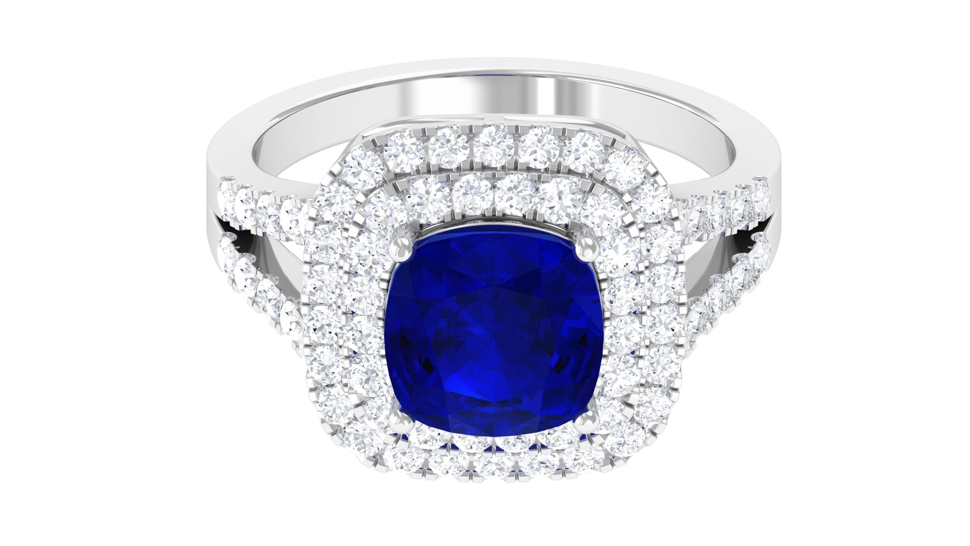 Rosec Jewels-Cushion Cut Created Blue Sapphire Double Halo Engagement Ring with Moissanite