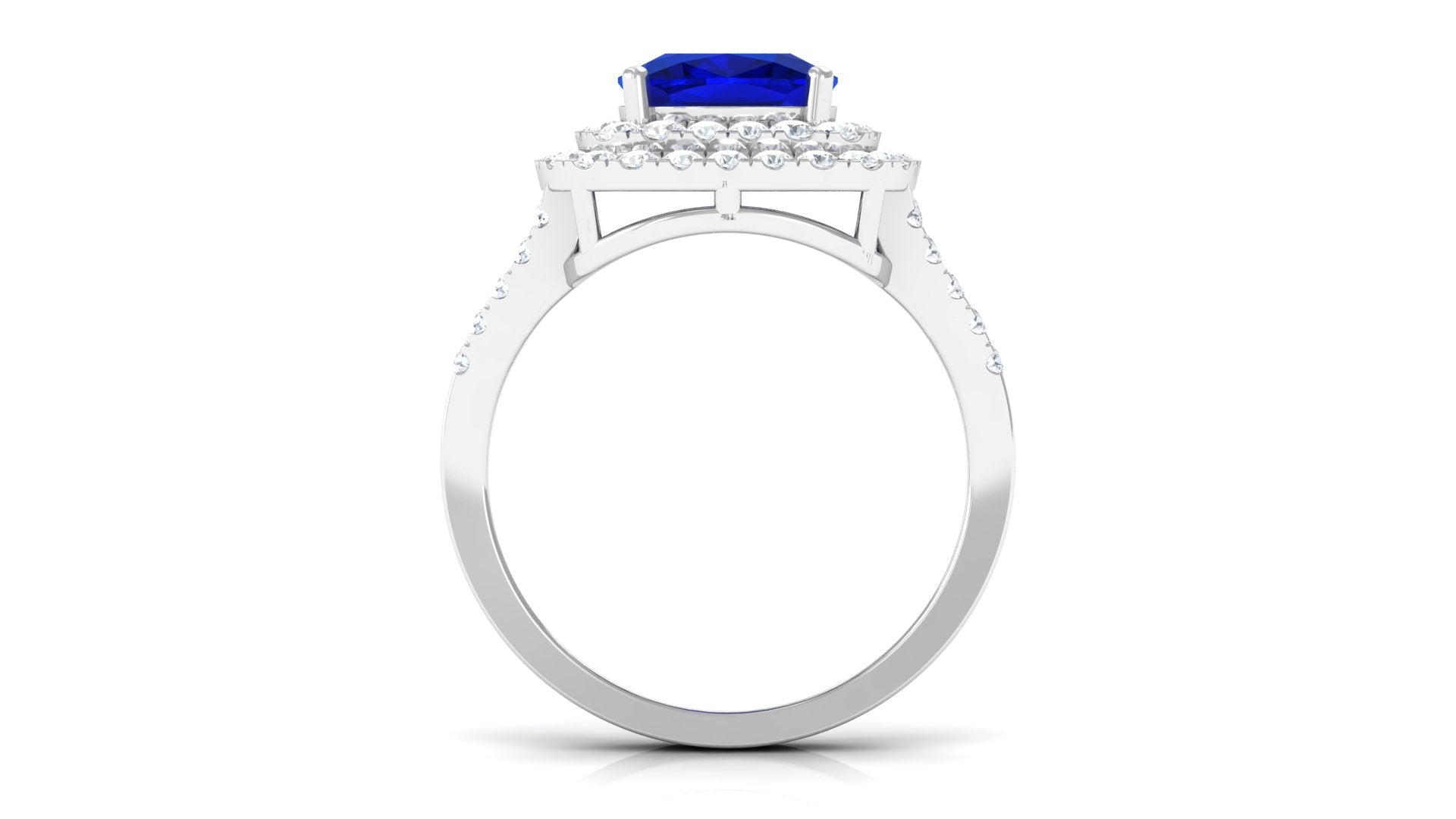 Rosec Jewels-Cushion Cut Created Blue Sapphire Double Halo Engagement Ring with Moissanite