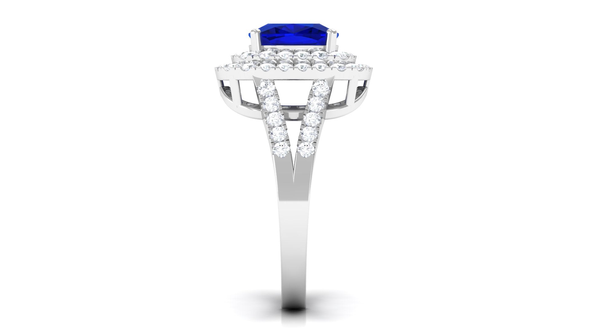 Rosec Jewels-Cushion Cut Created Blue Sapphire Double Halo Engagement Ring with Moissanite