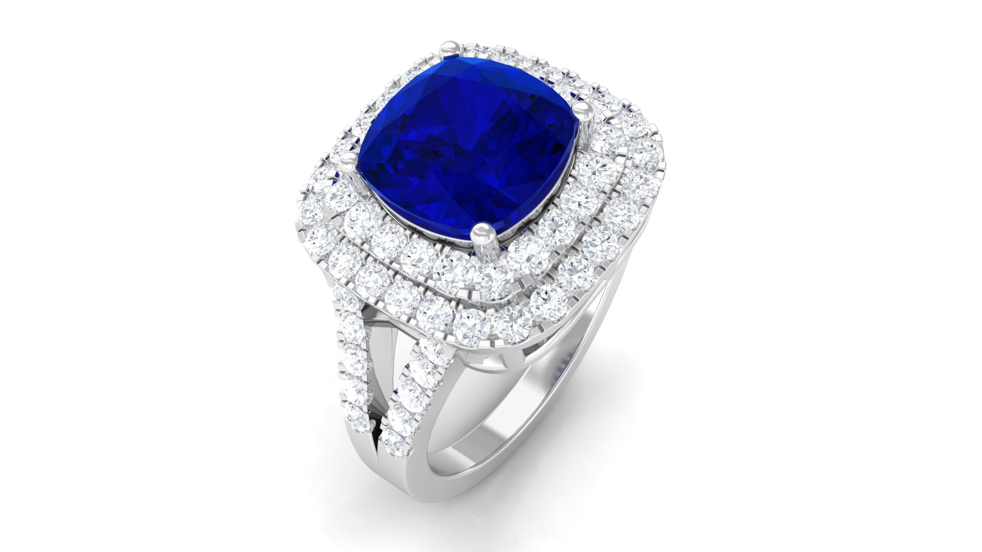 Rosec Jewels-Cushion Cut Created Blue Sapphire Double Halo Engagement Ring with Moissanite