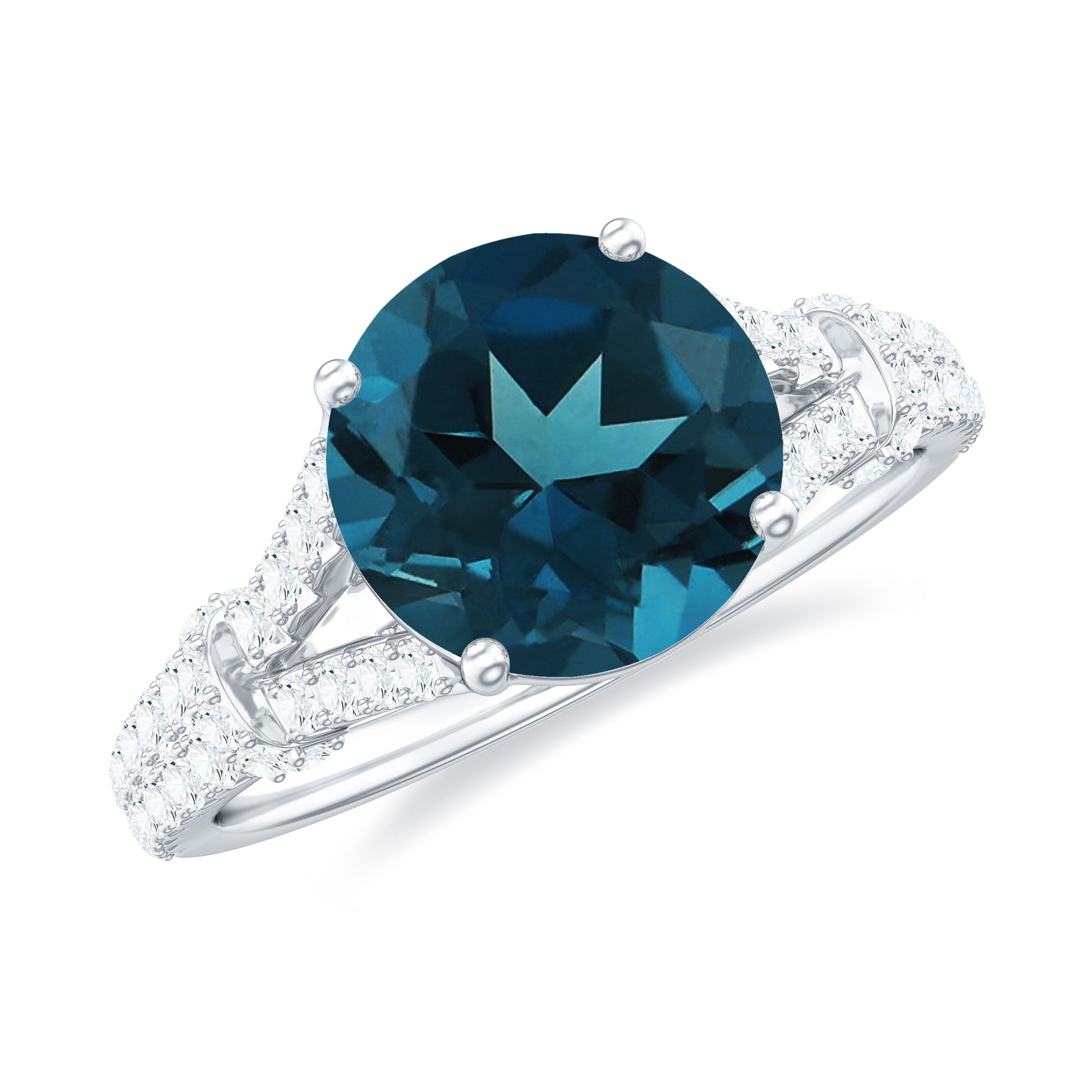 Rosec Jewels-Solitaire London Blue Topaz and Diamond Ring with Cathedral Shank