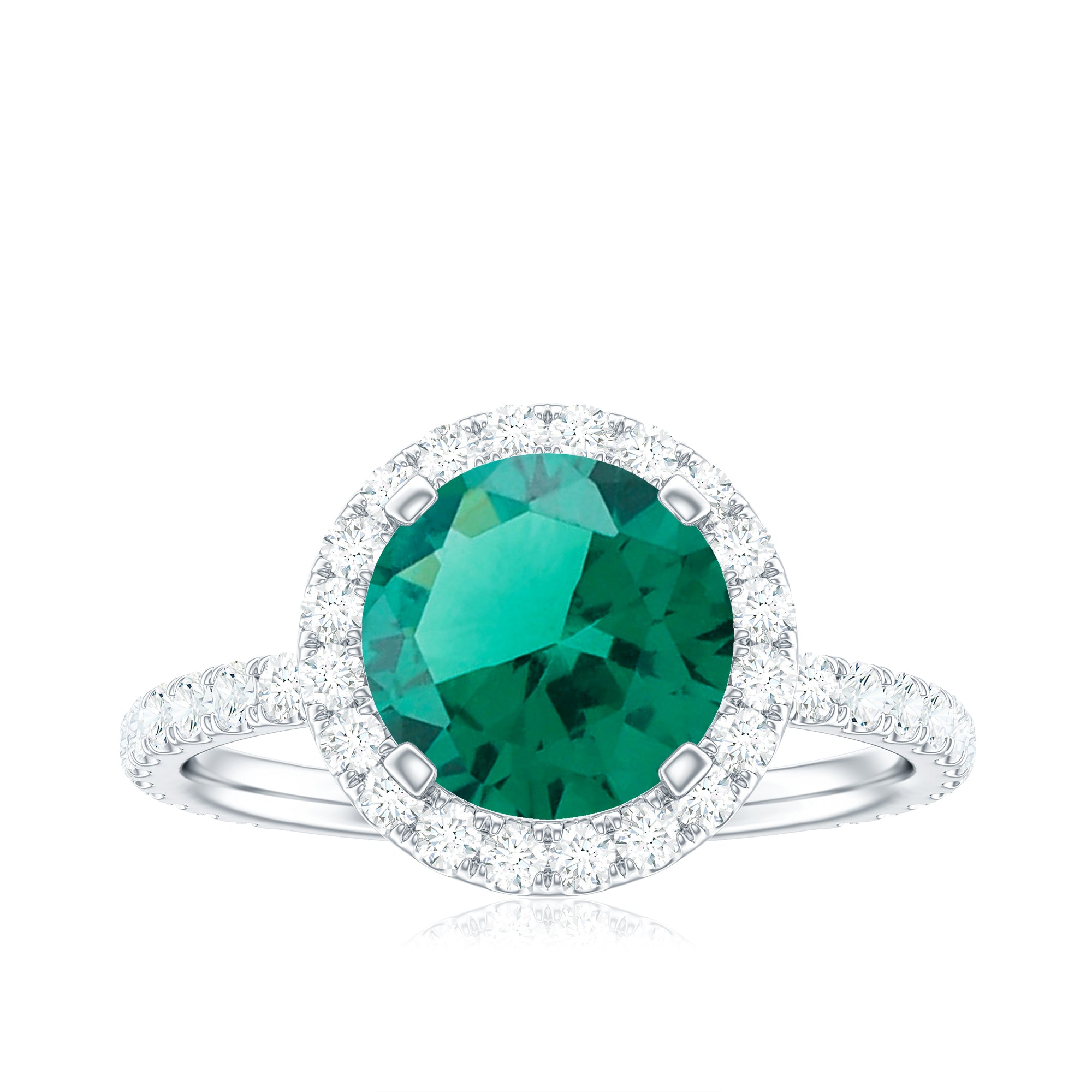 Rosec Jewels-Round Created Emerald Classic Halo Engagement Ring with Moissanite