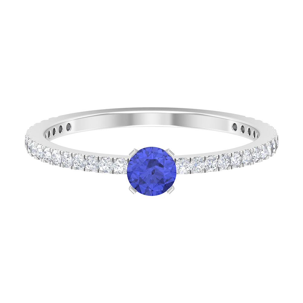 Rosec Jewels-Tanzanite Dainty Solitaire Ring with French Pave Set Diamond