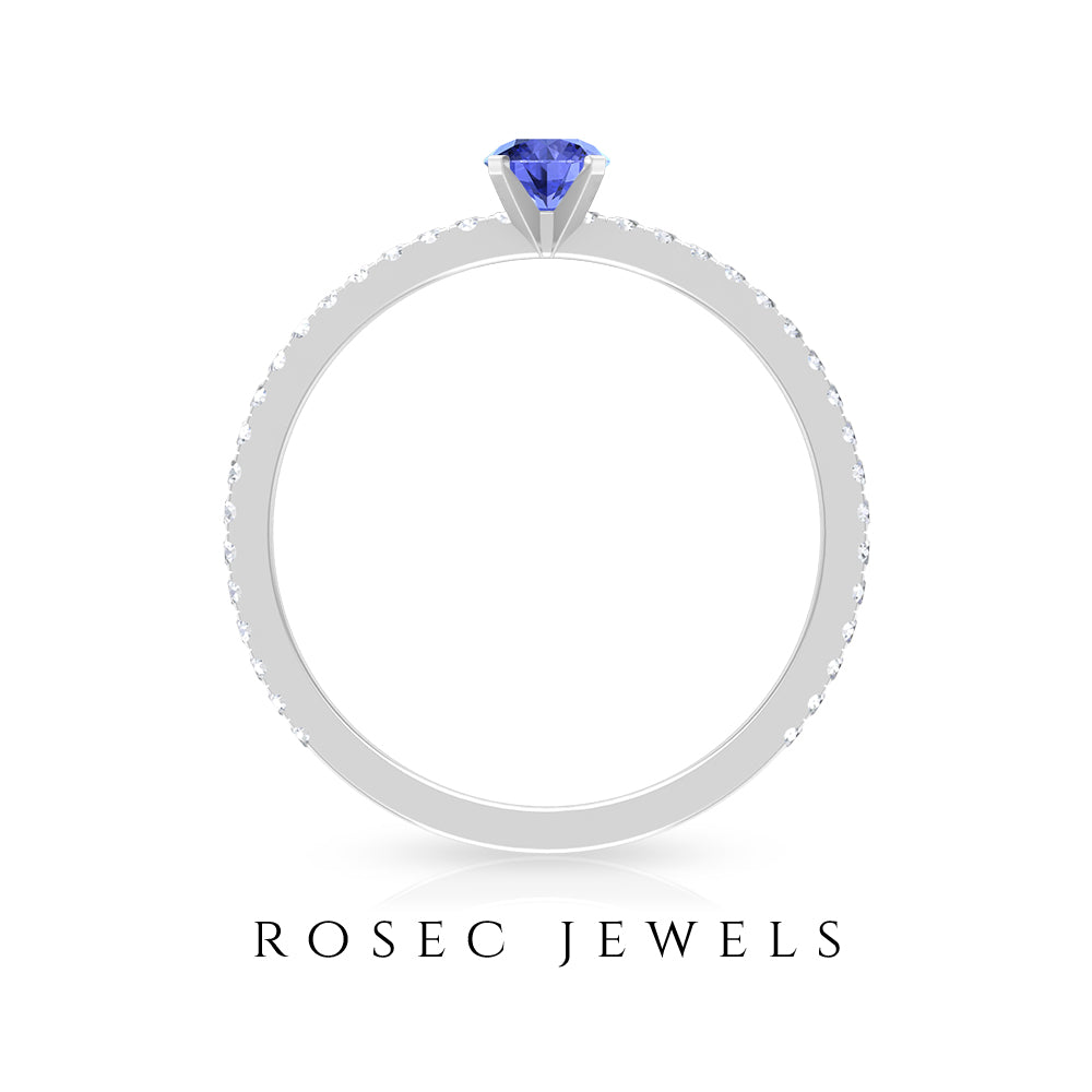 Rosec Jewels-Tanzanite Dainty Solitaire Ring with French Pave Set Diamond