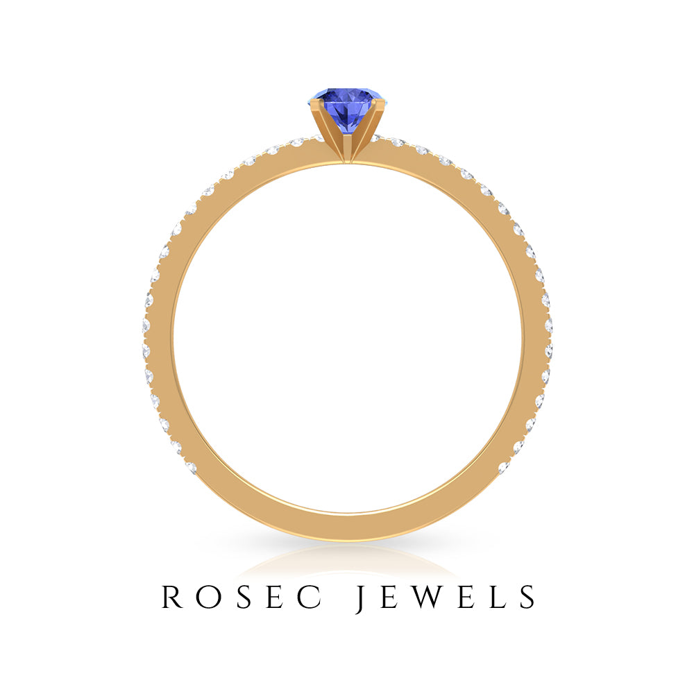 Rosec Jewels-Tanzanite Dainty Solitaire Ring with French Pave Set Diamond