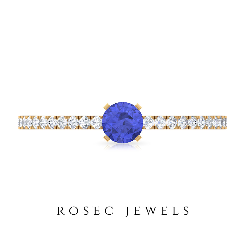 Rosec Jewels-Tanzanite Dainty Solitaire Ring with French Pave Set Diamond