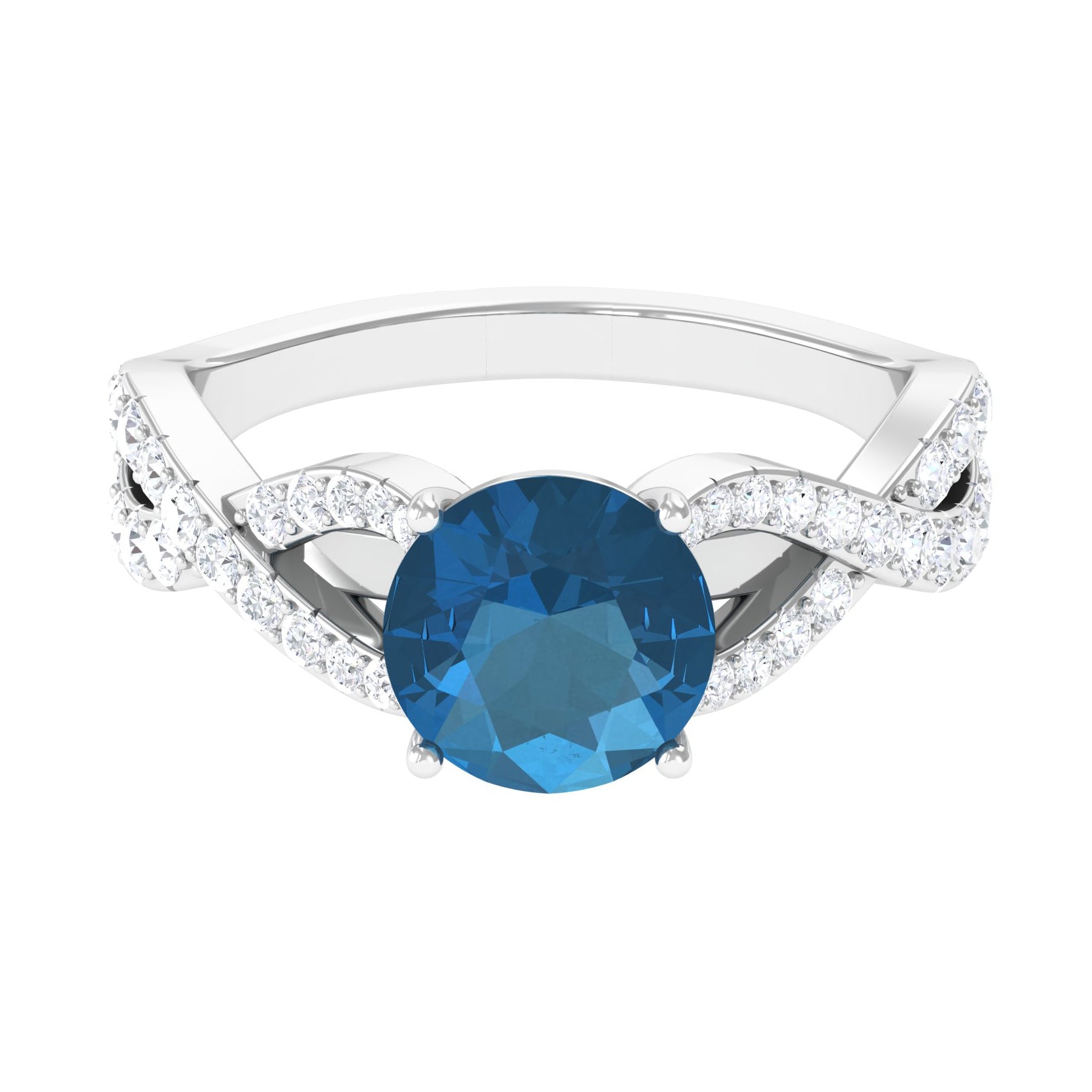 Rosec Jewels-4 Prong Set Solitaire London Blue Topaz Crossover Ring with Diamond Accent