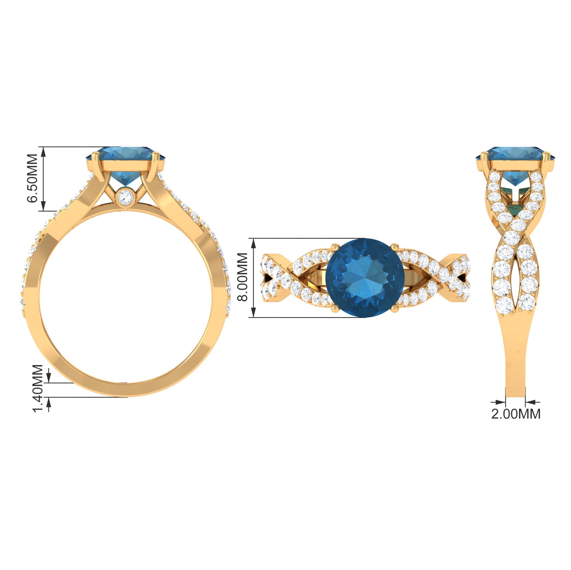 Rosec Jewels-4 Prong Set Solitaire London Blue Topaz Crossover Ring with Diamond Accent