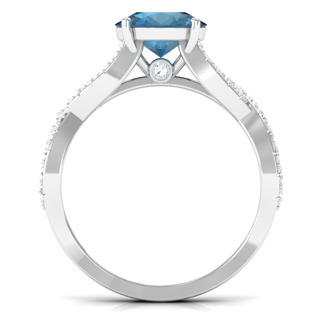 Rosec Jewels-4 Prong Set Solitaire London Blue Topaz Crossover Ring with Diamond Accent