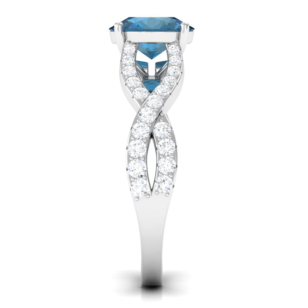 Rosec Jewels-4 Prong Set Solitaire London Blue Topaz Crossover Ring with Diamond Accent