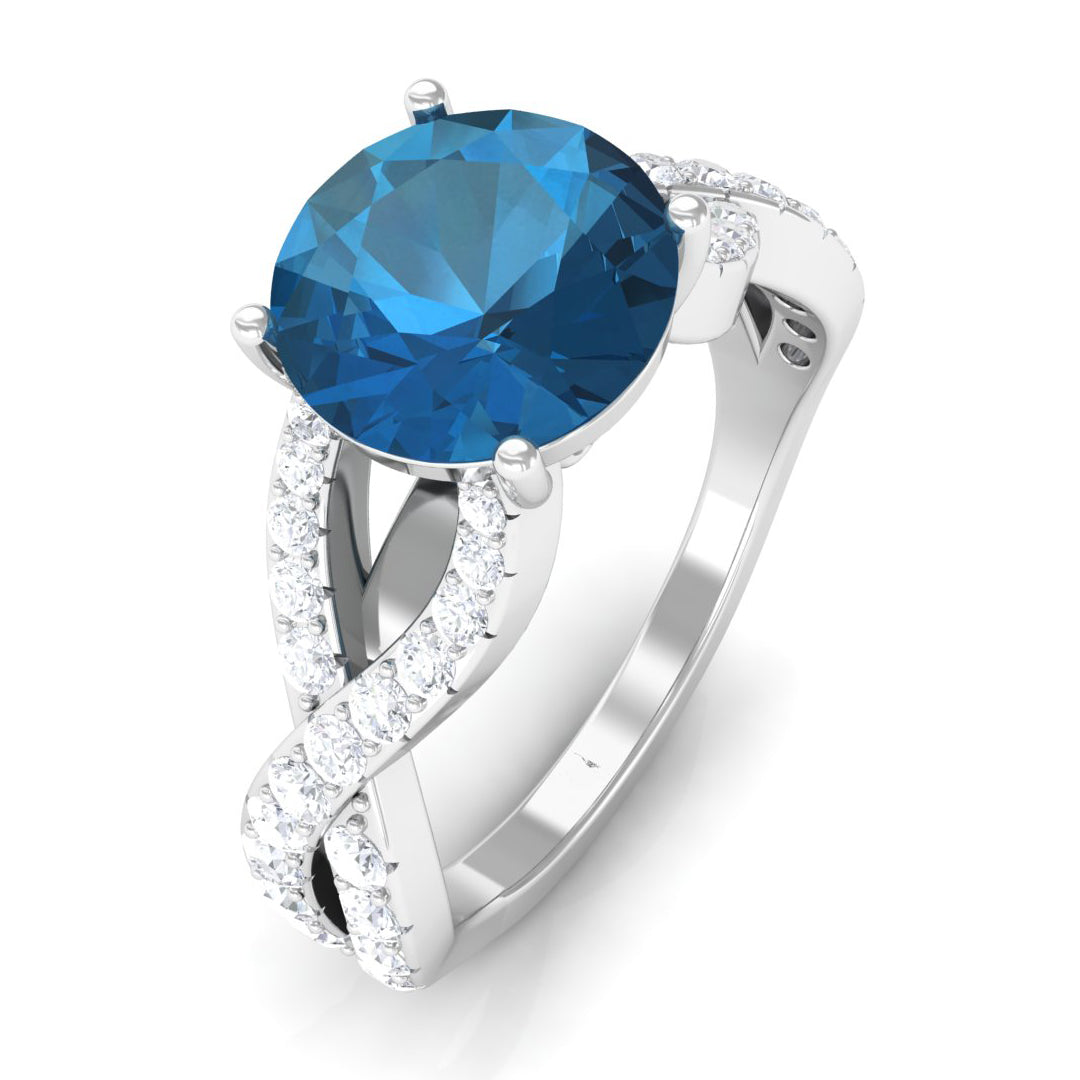 Rosec Jewels-4 Prong Set Solitaire London Blue Topaz Crossover Ring with Diamond Accent