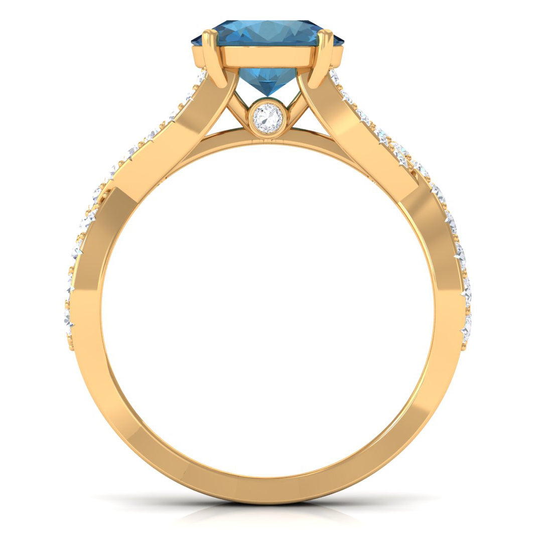 Rosec Jewels-4 Prong Set Solitaire London Blue Topaz Crossover Ring with Diamond Accent