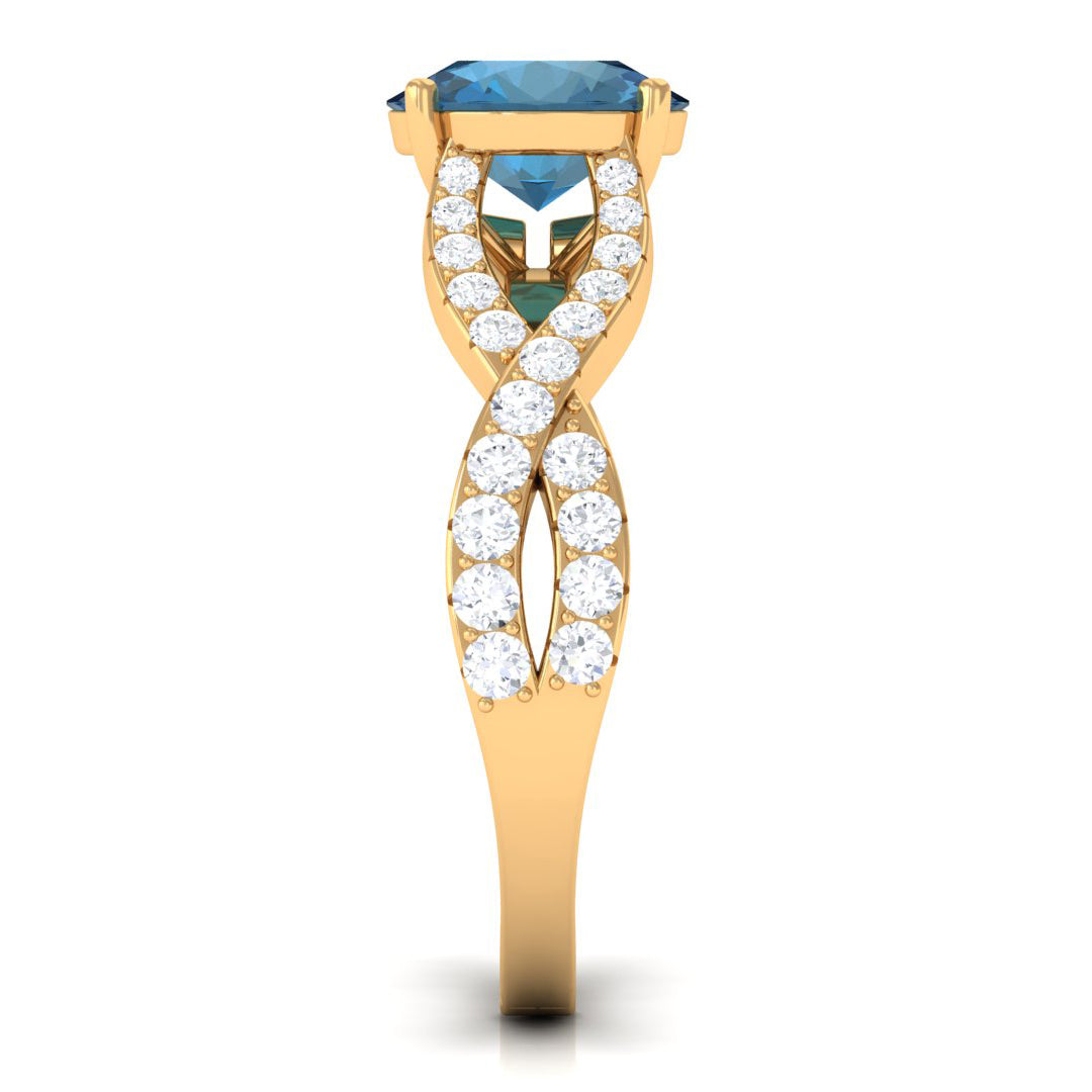 Rosec Jewels-4 Prong Set Solitaire London Blue Topaz Crossover Ring with Diamond Accent