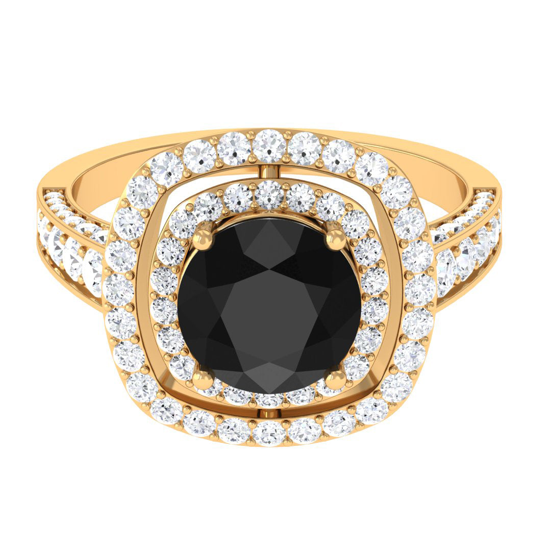 Rosec Jewels-Real Black Onyx Double Halo Engagement Ring with Moissanite