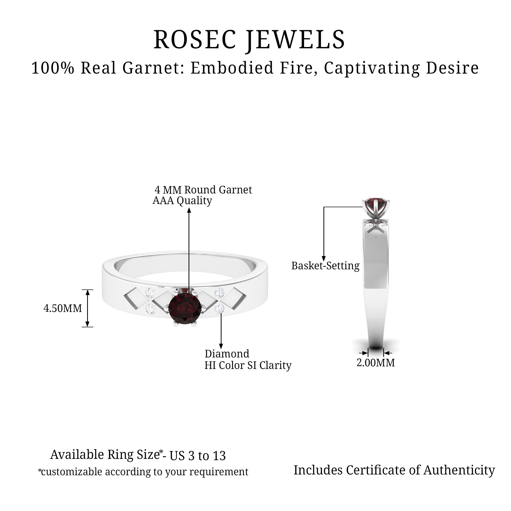 Rosec Jewels-Natural Round Garnet Solitaire Band Ring