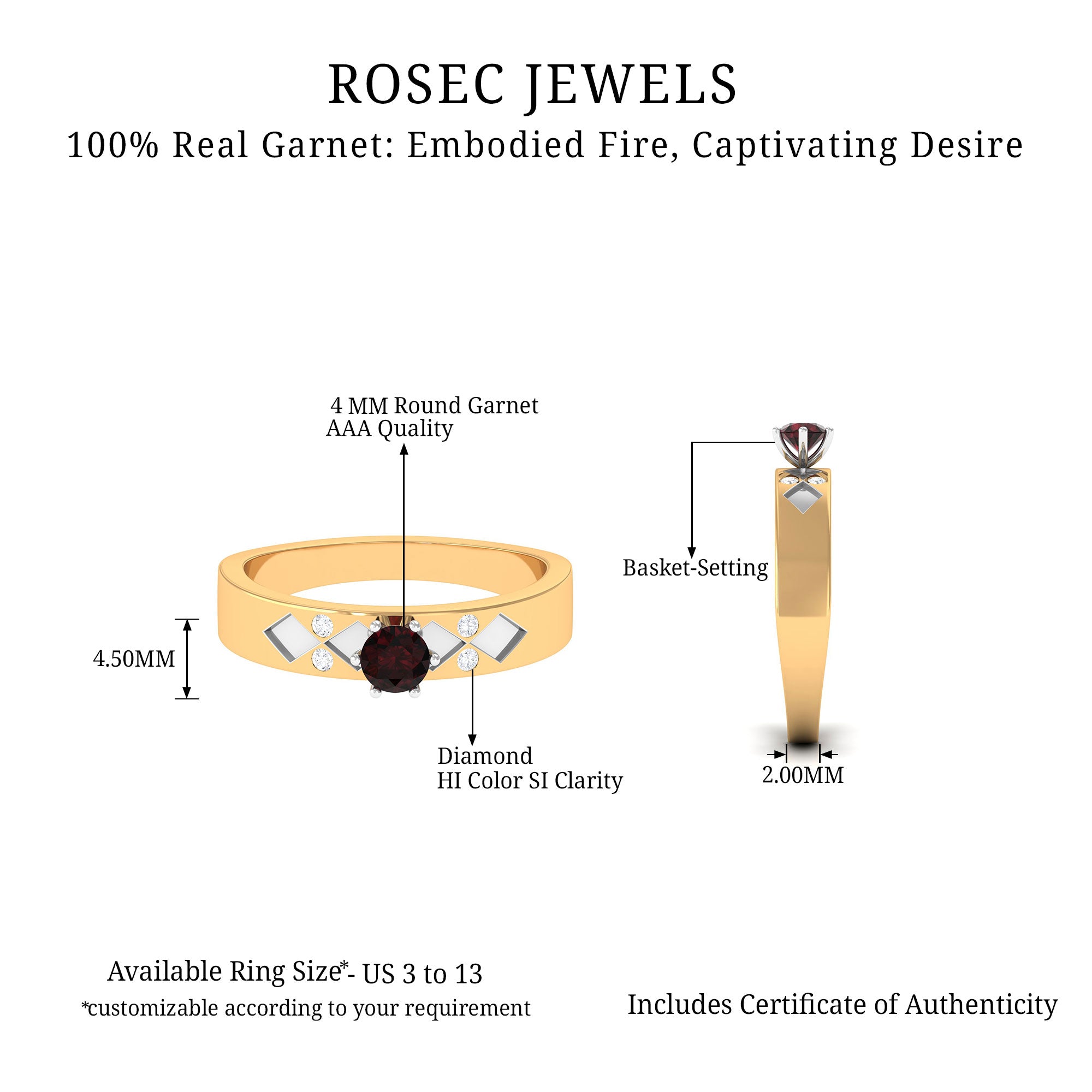 Rosec Jewels-Natural Round Garnet Solitaire Band Ring