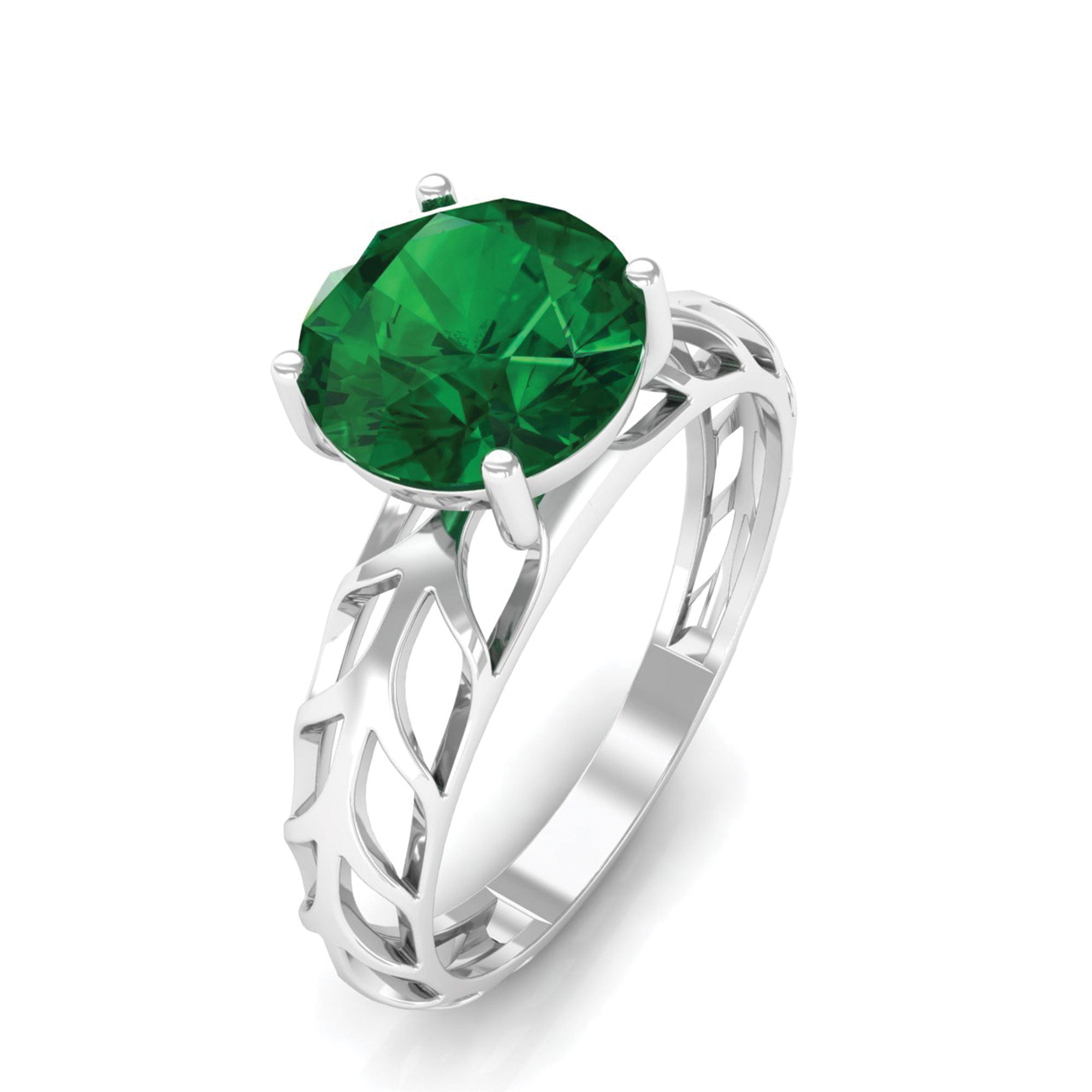 Rosec Jewels-8 MM Round Created Emerald Solitaire Engagement Ring with Gold Filigree Details