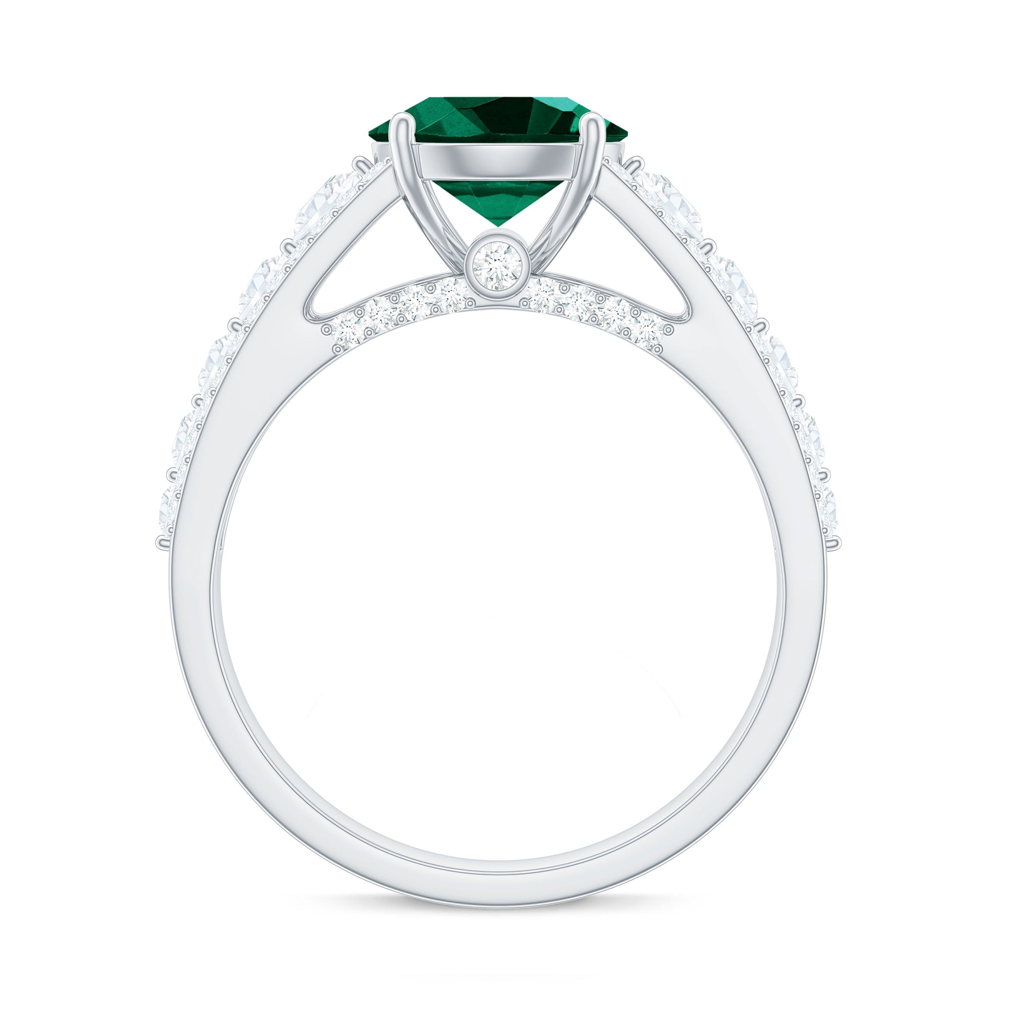 Rosec Jewels-Created Emerald Engagement Ring with Moissanite Side Stones