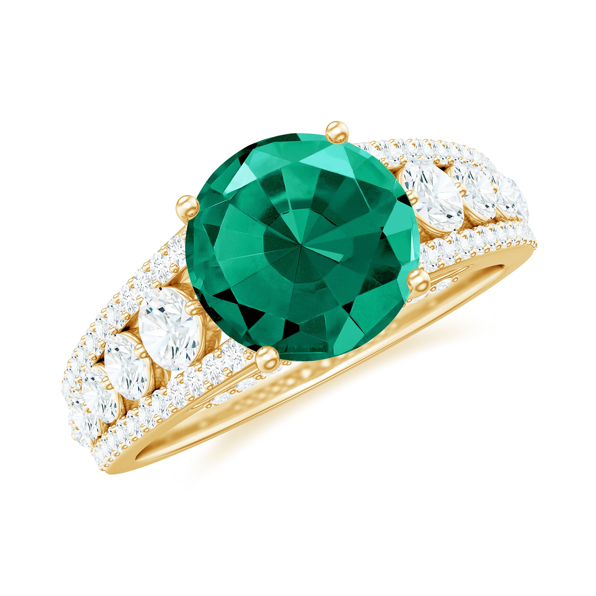 Rosec Jewels-Created Emerald Engagement Ring with Moissanite Side Stones