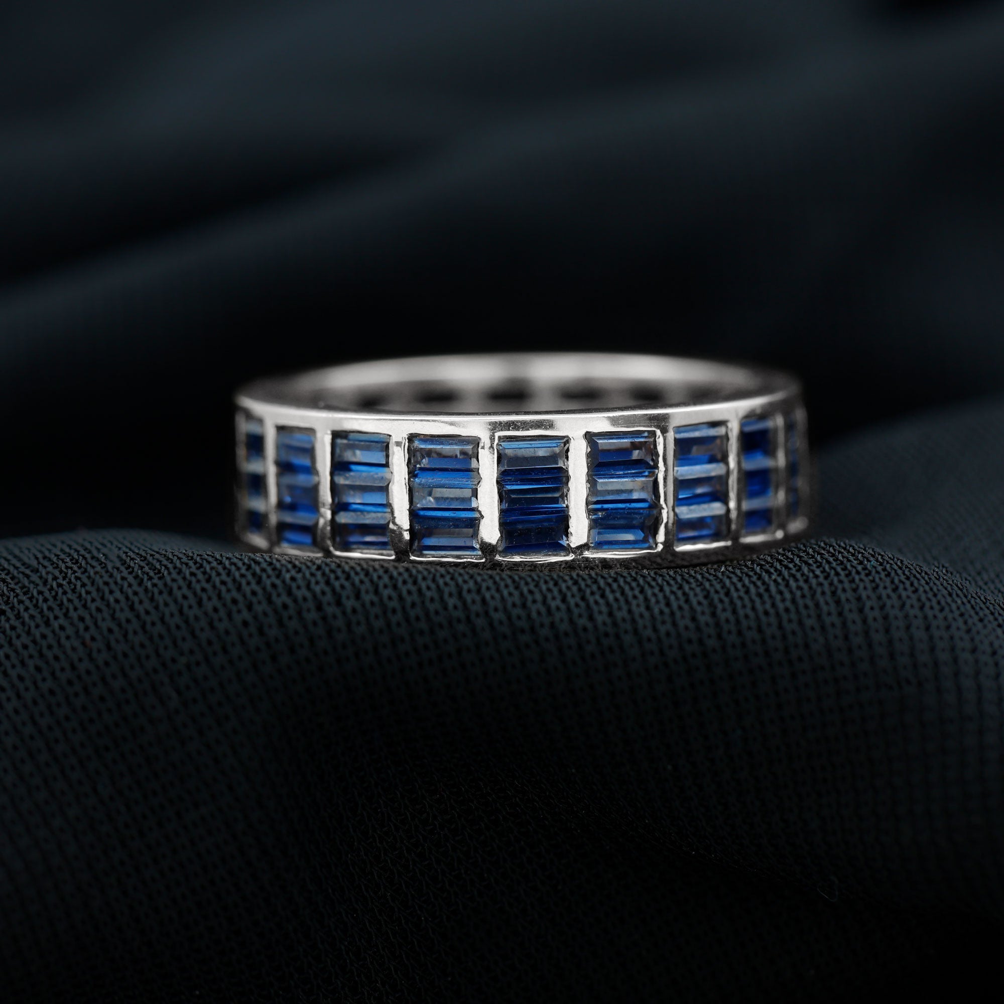 Rosec Jewels-Channel Set Lab Grown Blue Sapphire Wide Eternity Band Ring