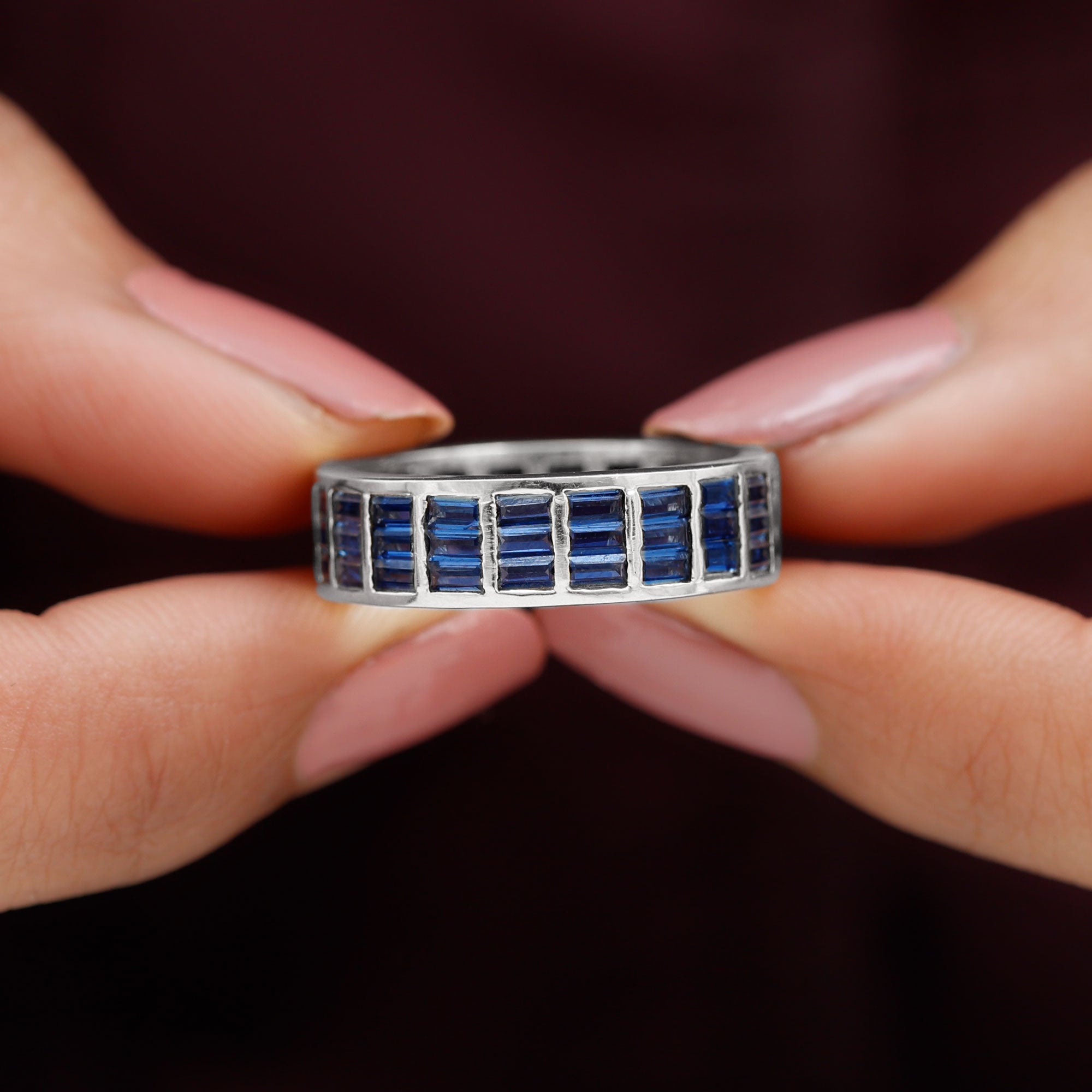 Rosec Jewels-Channel Set Lab Grown Blue Sapphire Wide Eternity Band Ring