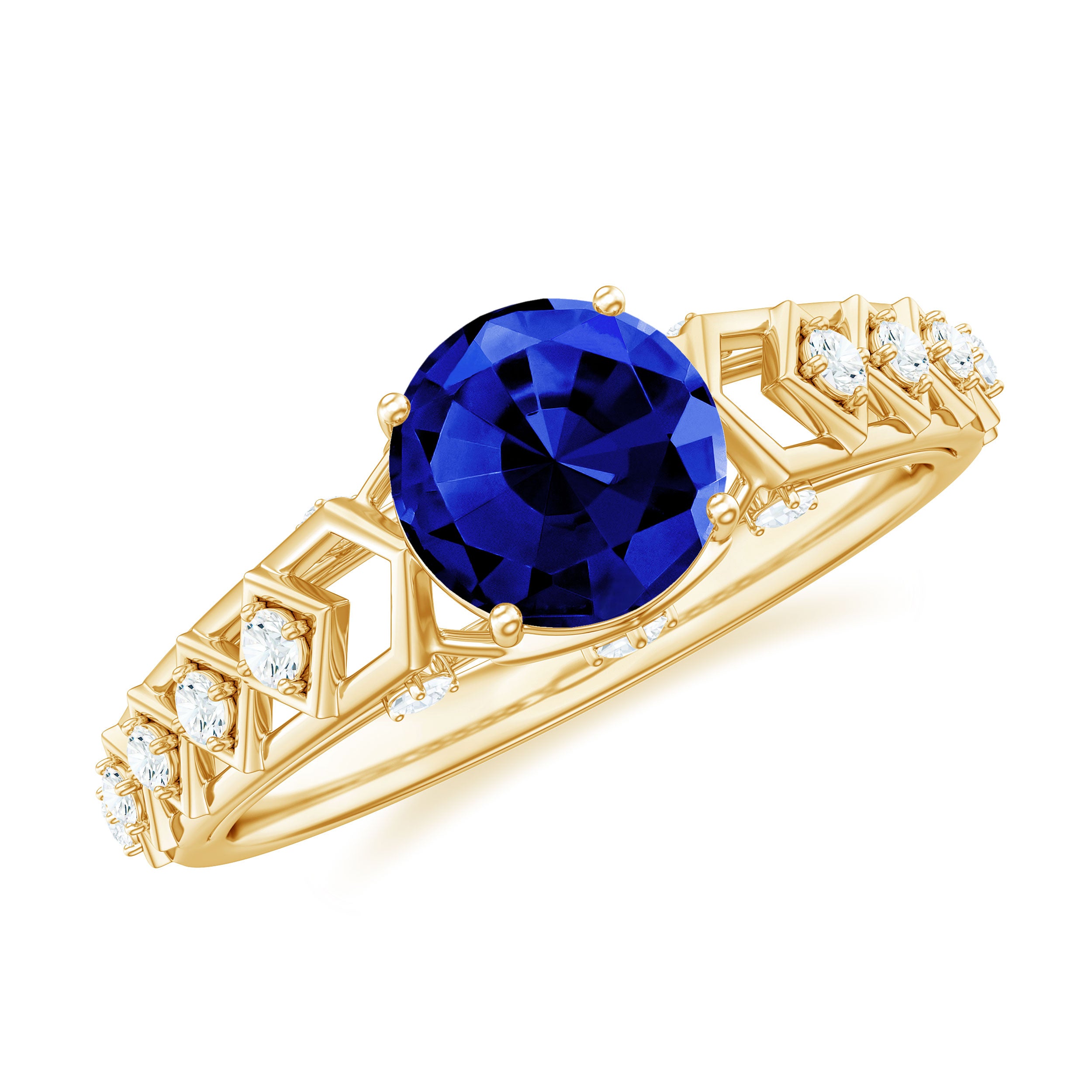 Rosec Jewels-Round Lab Grown Blue Sapphire Solitaire Ring with Diamond