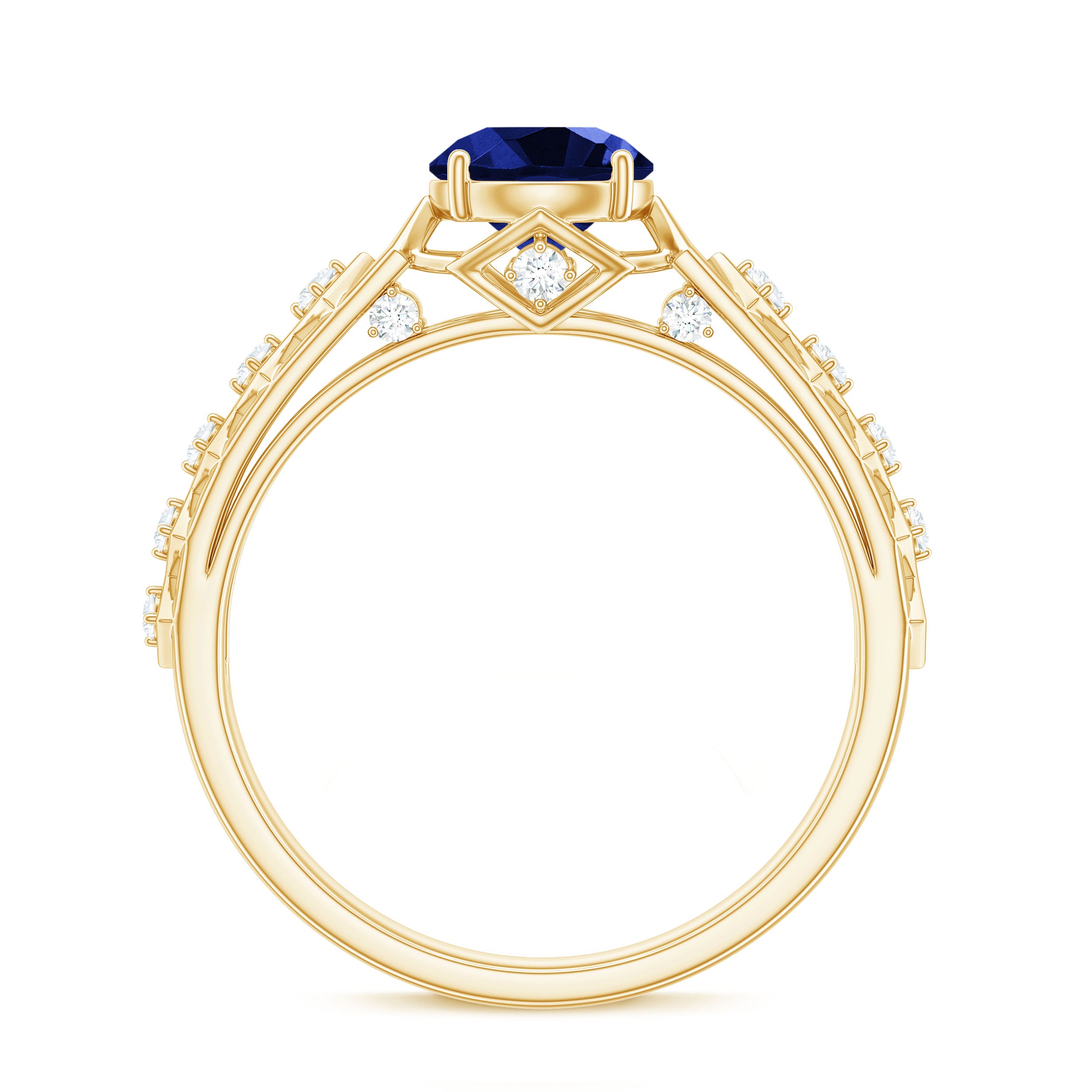 Rosec Jewels-Round Lab Grown Blue Sapphire Solitaire Ring with Diamond