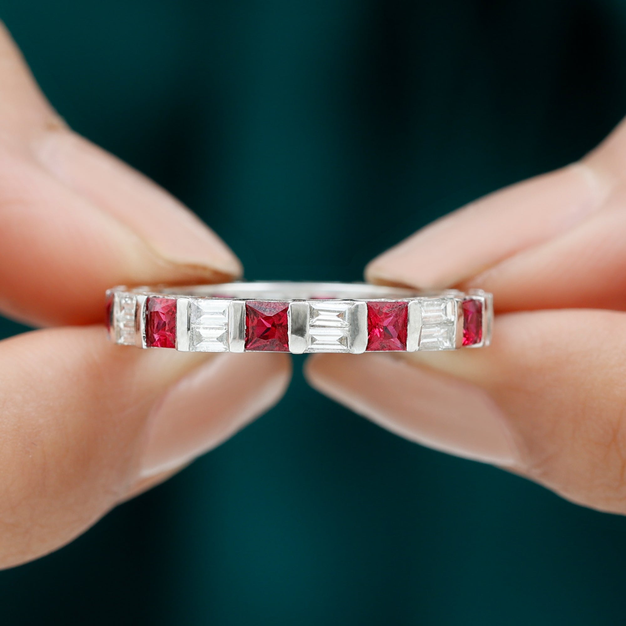 Rosec Jewels-Princess Cut Lab Created Ruby And Moissanite Full Eternity Ring